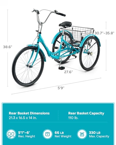 Foldable Adult Tricycle, 7 Speed Aqua 26
