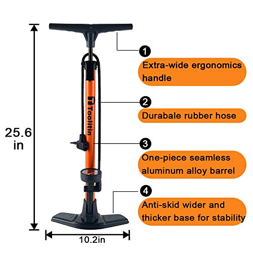 Bike Floor Pump with Gauge, 160 PSI, Presta/Schrader Compatible