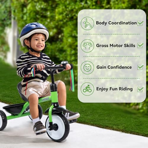 Green Kids Tricycle with Bell and Removable Pedal
