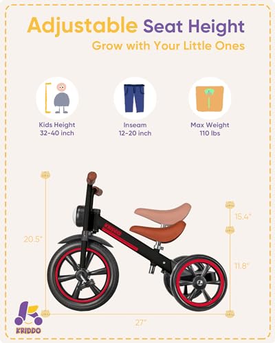 Black KRIDDO Kids Tricycle with Adjustable Seat Height