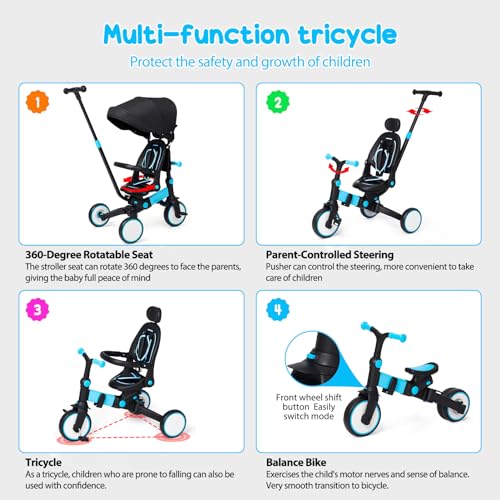GAOMON Baby Tricycle: Adjustable Parent Handle, Canopy, Guardrail