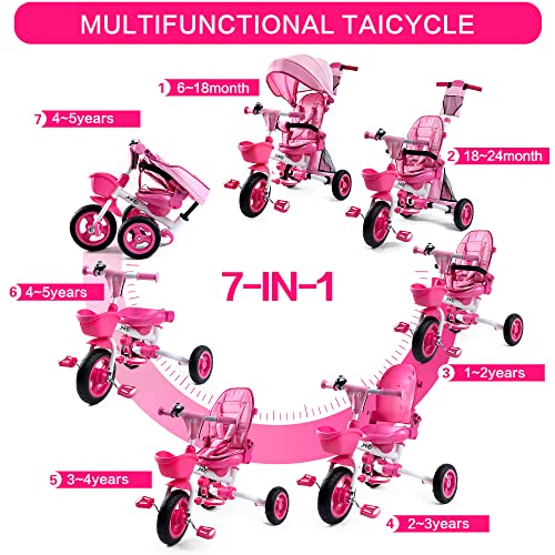 7-in-1 Folding Pink Tricycle for Kids 18 Months+