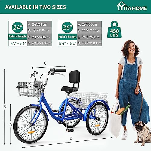YITAHOME Adult Tricycle, 24 Inch 3 Wheel Bikes, 1 Speed
