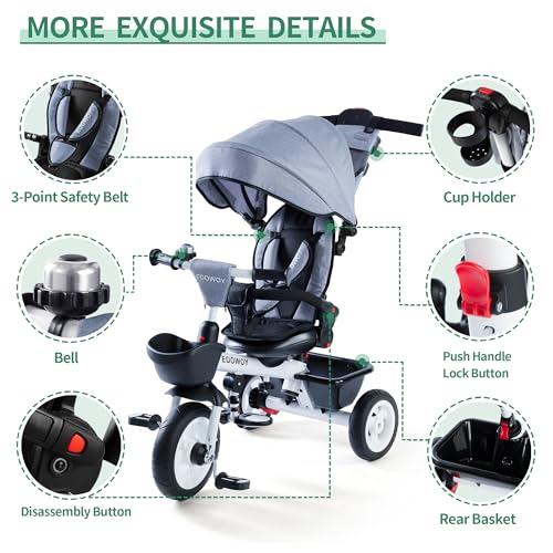 EOOWOY Baby Trike, 6-in-1 Kids Tricycle (Light Grey)