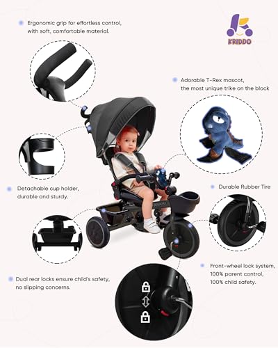 KRIDD 7-in-1 Toddler Tricycle Stroller, Adjustable, Rotatable, Folding