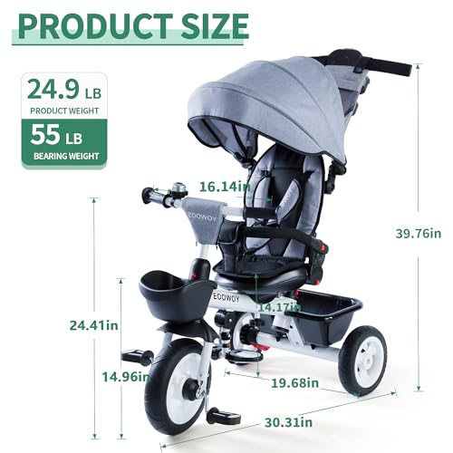 EOOWOY Baby Trike, 6-in-1 Kids Tricycle (Light Grey)