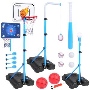 4-in-1 Kids Basketball Hoop with Dartboard and T-Ball