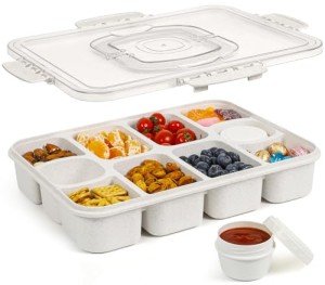 Caperci Snackle Box Container - Large 10-Compartment Divided Serving Tray with Lid and Handle, Built-in 2 Dip Containers, Dishwasher Safe, Leak-Proof, Wheat Straw, BPA-Free (White)