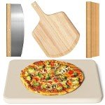 4 PCS Rectangle Pizza Stone Set, 15" Large Pizza Stone for Oven and Grill with Pizza Peel(OAK), Pizza Cutter & 10pcs Cooking Paper for Free, Baking Stone for Pizza, Bread,BBQ