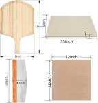 4 PCS Rectangle Pizza Stone Set, 15" Large Pizza Stone for Oven and Grill with Pizza Peel(OAK), Pizza Cutter & 10pcs Cooking Paper for Free, Baking Stone for Pizza, Bread,BBQ