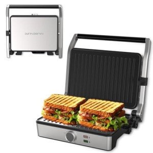 MUBENLIFE Panini Press, Electric Sandwich Press Grill, Open 180 Degrees, Electric Grill Indoor, Perfect for Grilling Sandwich, Steak, Burger, Adjustable Temperature Control, Non Stick Coating