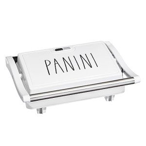 Rae Dunn Panini Maker - 750 Watt 2-Slice Press Grill with Indicator Lights | Opens 180 Degrees | Double Sided Heating | Non-stick Cooking | Cool Touch Handle | Easy to Clean, Cream