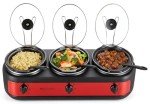 Elite Gourmet EWMST-325R Maxi-Matic Triple Slow Cooker Buffet Server Adjustable Temp Dishwasher-Safe Oval Ceramic Pots, Lid Rests, 3 x 2.5 Qt Capacity, Red