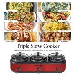 Elite Gourmet EWMST-325R Maxi-Matic Triple Slow Cooker Buffet Server Adjustable Temp Dishwasher-Safe Oval Ceramic Pots, Lid Rests, 3 x 2.5 Qt Capacity, Red