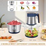 Food Processor, 5 Speed Meat Grinder Electric Food Chopper with 2 Bowls (8 Cup+8 Cup), 4 Bi-Level Blades Mini Kitchen Cutter for Vegetable, Onion, Garlic, Meat, Nuts, and Baby Food (300W Blue-2L)