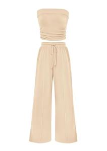 PRETTYGARDEN Womens Summer Outfits 2 Piece Sets Casual Ribbed Knit Crop Tube Top Wide Leg Pants Spring Matching Lounge Set(Apricot,Medium)