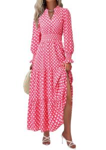 PRETTYGARDEN Women's Floral Maxi Dress 2025 Spring Long Sleeve V Neck Casual A Line Long Flowy Boho Party Dresses (Plaid Pink,Medium)
