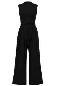 PRETTYGARDEN Womens Summer Jumpsuits Dressy Casual One Piece Outfits Sleeveless Mock Neck Wide Leg Pants Rompers with Pockets (Black,Small)