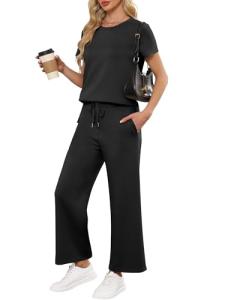 ANRABESS Women 2 Piece Lounge Sets Summer Travel Sweat Outfits Short Sleeve Wide Leg Casual Matching Tracksuits Clothes Black Large