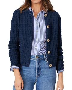 PRETTYGARDEN Women's Knit Cardigan Sweaters Casual Long Sleeve Open Front Button Down Trendy Jackets Outerwear (Dark Blue,Medium)