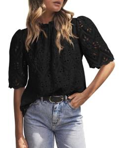 PRETTYGARDEN Summer Tops for Women 2025 Trendy Short Sleeve Eyelet Embroidered Dressy Casual Blouse Shirts (Black,Large)