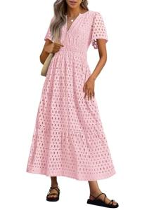 PRETTYGARDEN Womens 2025 Summer Maxi Dress Short Sleeve V Neck Hollow Out Eyelet A Line Long Flowy Beach Vacation Dresses (Pink,X-Large)