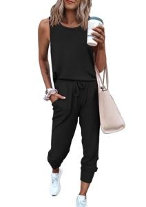 PRETTYGARDEN Women's Two Piece Outfit Sets Casual Summer Sleeveless Crewneck Tops and Sweatpants Active Tracksuit Lounge Wear (Black,Medium)