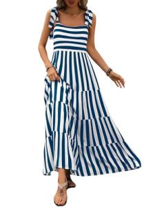 PRETTYGARDEN Womens Dresses 2025 Summer Striped Sleeveless Maxi Dress Casual Spaghetti Strap Tiered Flowy Beach Long Dress(Striped Blue White,Medium)