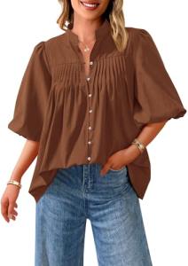 PRETTYGARDEN Women's 2025 Summer Short Lantern Sleeve Tops Loose Fit Button Down Shirt Pleated V Neck Blouses Trendy Clothes (Brown,Medium)