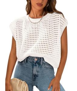 PRETTYGARDEN Womens Spring Tops 2025 Summer Shirts Crochet Cap Sleeve Sweater Pullover Cute Beach Vacation Clothes(White,Large)