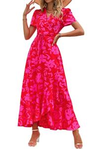 PRETTYGARDEN Women's Summer Wrap Maxi Dress Casual Boho Floral V Neck Short Sleeve Ruffle Hem Split Beach Long Dresses (Red Floral,Large)