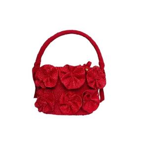 Sensi Studio, Flower Mini Handbag, Unique, Red Straw/Scarlet Ribbon & Red Lining