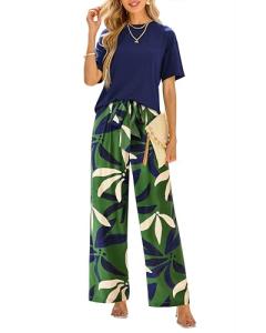 PRETTYGARDEN Women Summer 2 Piece Outfits 2025 Short Sleeve Knit Top Floral Print Belted Wide Leg Pant Sets With Pockets(Flroal Army Green,Large)