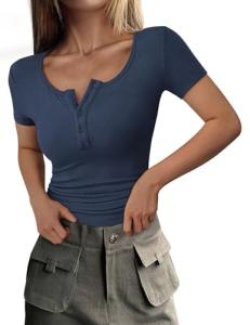 PRETTYGARDEN Women's 2025 Spring Summer Short Sleeve Tops Ribbed Henley Button Slim Fit Basic Casual T Shirts Blouse Clothing (Dark Blue,X-Small)
