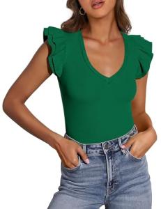 PRETTYGARDEN Womens V Neck Summer Tops Ruffle Sleeveless Slim Fit T Shirts Going Out Casual Blouses 2025 (Green,Medium)