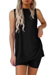 PRETTYGARDEN 2 Piece Sets for Women 2025 Summer Matching Lounge Shorts Set Resort Airport Travel Loungewear Outfits Clothing (Black,Large)