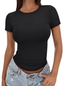 Trendy Queen Womens Basic T Shirts Summer Tops 2025 Crop Short Sleeve Slim Fit Tee Cute Gym Workout Clothes Black Medium