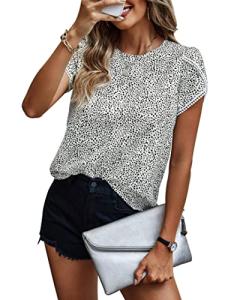 PRETTYGARDEN Women's Shirts Summer Casual Crewneck Lace Crochet Short Sleeve Blouses Cute Floral Print Loose Tunic Tops(X-Large,Dot Black White)