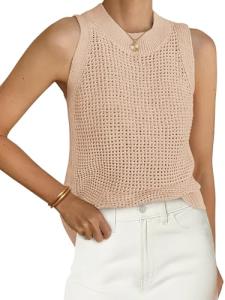 PRETTYGARDEN Summer Crochet Tank Tops for Women 2025 Casual Crewneck Hollow Out Loose Knit Sleeveless Sweater Vest Top Trendy(Apricot,Small)