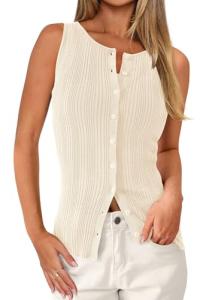 PRETTYGARDEN Women's Ribbed Tank Tops Summer 2025 Open Front Button Down Sleeveless Shirts Going Out Spring Fashion Vest Tops(Apricot,Large)