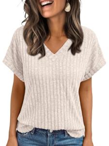 AUTOMET Women Tops Summer Sweaters Short Sleeve V Neck Shirts 2025 Spring Fashion Dressy Casual Business Tunic Blouses Apricot M