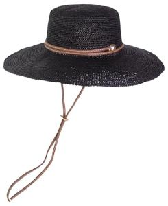 Sensi Studio, Lampshade Cordovan Crochet Long Brim Hat, Small, Black Straw / Camel Leather Band
