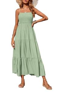 PRETTYGARDEN Summer Dresses for Women 2025 Spaghetti Strap Floral Maxi Dress Sleeveless Smocked Tiered Long Beach Sundress (Bean Green,L)