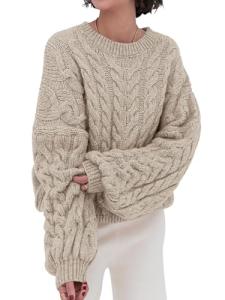 PRETTYGARDEN Womens Sweaters Fall 2025 Cable Knit Long Sleeve Crewneck Oversized Sweater Chunky Pullover Loose Outfits (Khaki, Small)