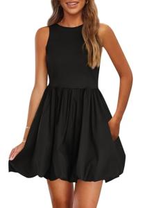 PRETTYGARDEN Summer Dresses for Women 2025 Casual Sleeveless Tank Mini Short Dress Crew Neck Bubble Sundress with Pockets (Black,Large)