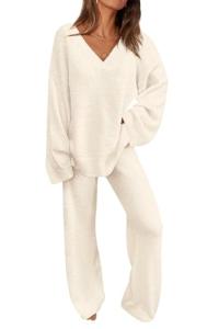 PRETTYGARDEN Lounge Sets for Women Two Piece Sweaters Pajama Set Fall Fashion 2025 Loungewear Outfits Matching Winter Clothes (Beige,XX-Large)