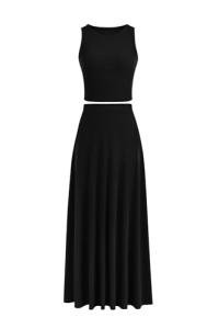 PRETTYGARDEN Women's 2 Piece Maxi Skirt Sets Casual Summer Knit Cropped Tank Top High Waisted Long Skirts Outfit (Black,Large)