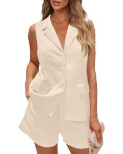 PRETTYGARDEN Women Summer 2 Piece Outfits 2025 Casual Lapel V Neck Button Down Vest Shorts Set Business Work Blazer Sets(Beige,X-Large)