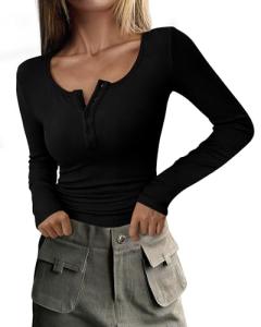 PRETTYGARDEN Women's 2025 Spring Fall Long Sleeve Henley T Shirts Button Ribbed Knit Slim Fit Casual Basic Tops Blouse (Black,Medium)