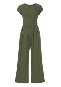 PRETTYGARDEN Summer Jumpsuits for Women Dressy 2025 Ribbed Cap Sleeve Wide Leg Pants Rompers Elegant Casual One Piece Outfits (Army Green,Large)
